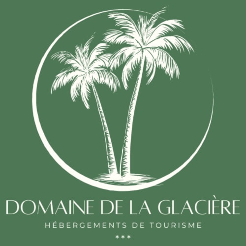 Logo Domaine de la Glacière avec deux palmiers dans un cerceau sur fond vert, hôtel à Petit-Bourg en Guadeloupe