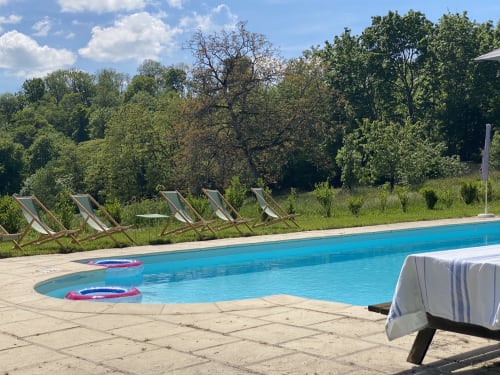 Swimming pool with blue water, deck chairs, and green forest backdrop at Château de Vaux Morvan in Étang sur Arroux