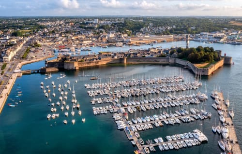 Concarneau harbor with marina and historic fortified castle, Brittany coastal view
