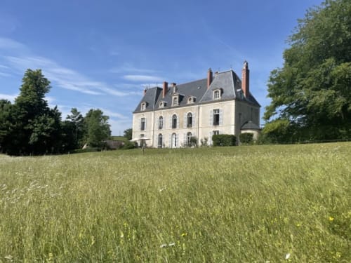 Château de Vaux Morvan, magnifique manoir français à Étang sur Arroux, entouré de champs verts sous un ciel bleu