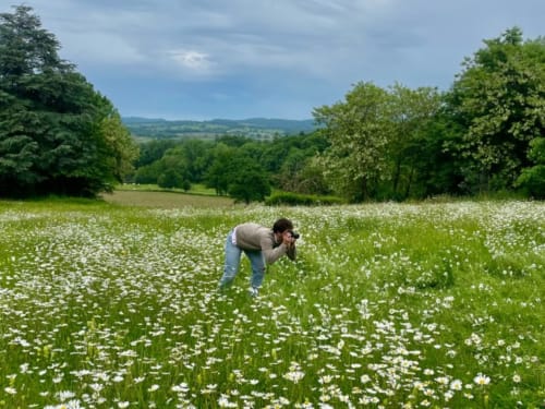 Visiteur explorant une prairie de fleurs sauvages au Château de Vaux Morvan, Étang sur Arroux, France