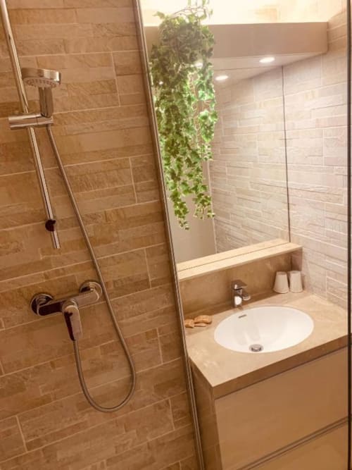 Salle de bains moderne aux Hôtels Studios La Rochetaillée à Brives-les-Bains avec douche à l'italienne, lavabo rond et décoration plante suspendue