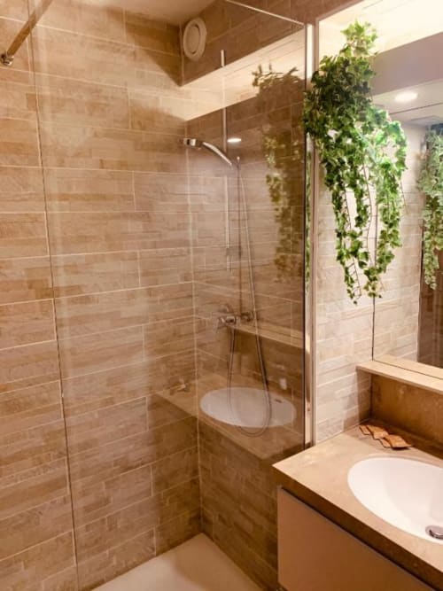 Salle de bain moderne aux Hôtel Studios La Rochetaillée à Brides-les-Bains avec douche à l'italienne, lavabo blanc et décoration végétale