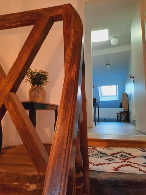 Miroir à cadre bois et plante en pot dans la chambre de la Maison Rinette à Dijon, avec vue sur la pièce aux murs bleus par la porte