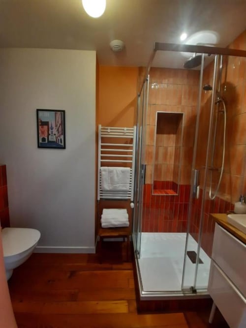 Salle de bain moderne de la Maison Rinette B&B à Dijon avec carrelage orange, douche vitrée et parquet
