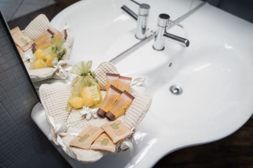 Lavabo del bagno della Villa Del Sole Inn con articoli da toilette decorativi, fiori gialli e rubinetto cromato nell'appartamento di Campobasso