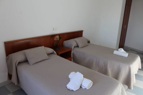 Dos camas individuales con colchas grises y toallas blancas en una habitación de Apartamentos Los Gemelos, Foz, Lugo