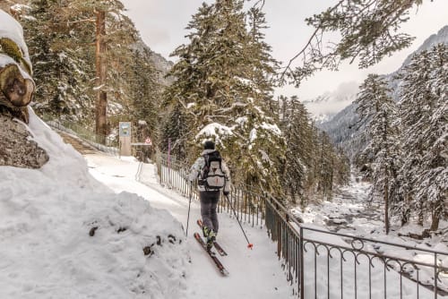 Skifahrer auf verschneiter Piste mit Wald und Flusstal bei Remiremont, französische Alpen