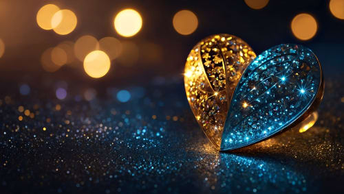 Two glowing heart ornaments in gold and blue with bokeh lights for Les Secrets de Winna romantic escape