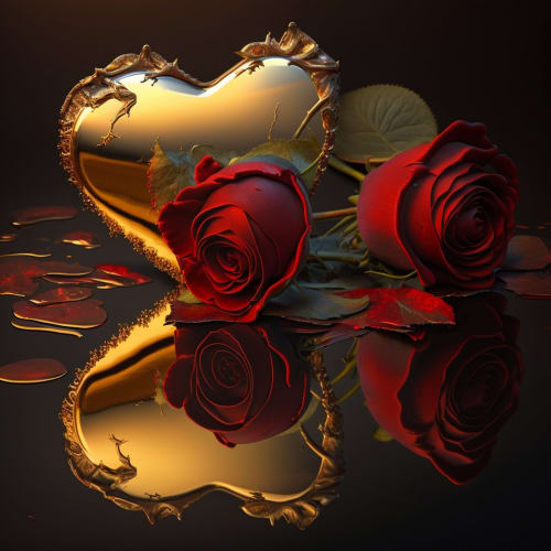 Two red roses with golden ornate mirror reflecting luxury romance in Les Secrets de Winna love room