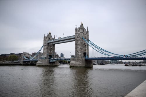 Tower Bridge spanning the Thames River in London, iconic view from Southgate area near Brooklyn House