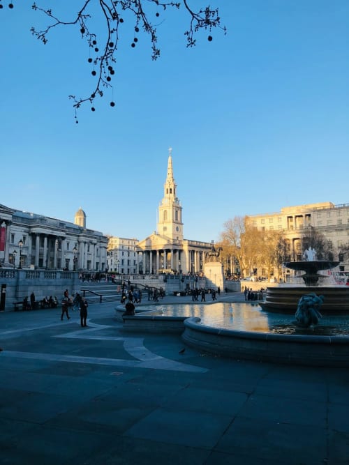 Trafalgar Square London with church spire and fountains, near Southgate