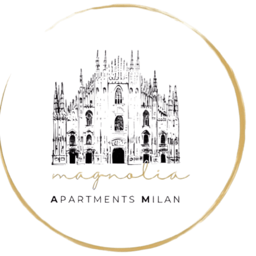 Logo Magnolia Apartments Milan con ilustración arquitectónica de la Catedral de Milán y borde circular dorado