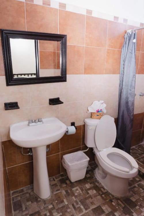 Baño del Hotel Makarios en Tuxtla Gutiérrez con lavamanos de pedestal, inodoro y cortina de ducha