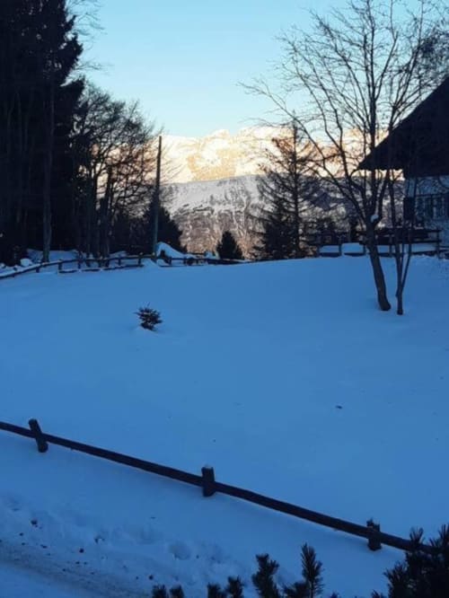 Giardino innevato di Maso Kreuzberg presso Trento con montagne imbiancate e alberi spogli in inverno