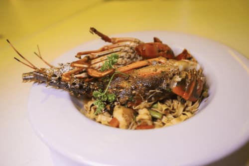 Langosta a la parrilla con pasta en el Hotel 40 Cañones de Mahahual, México - gastronomía de mariscos frescos