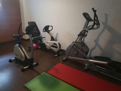 Équipement de salle de sport à l'appartement Grangette Villars : vélos d'exercice, elliptique et tapis de yoga sur parquet