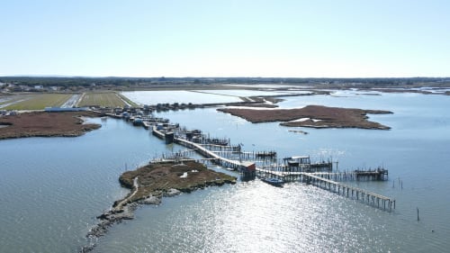 Aerial view of Recantus Comporta's waterfront property with wooden structures and salt marshes in Comporta, Portugal