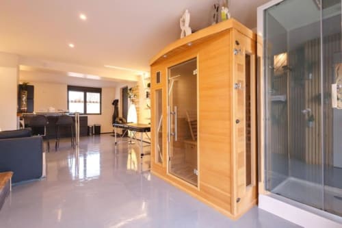 Espace spa de villa moderne avec sauna en bois, douche vitrée et sol en béton poli au Domaine du haut de la Dombes