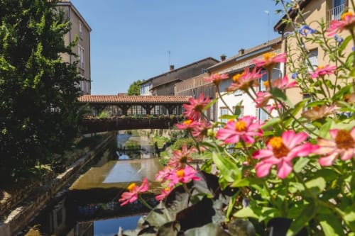 Des fleurs roses encadrent un charmant pont de canal et des bâtiments historiques du Domaine du haut de la Dombes à Châtillon-sur-Chalaronne