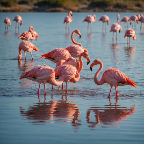 Flamants roses se désaltérant dans les eaux peu profondes près de Châtillon-sur-Chalaronne, Domaine du haut de la Dombes