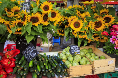 Étal du marché fermier avec tournesols éclatants, légumes frais et produits locaux à Châtillon-sur-Chalaronne, France