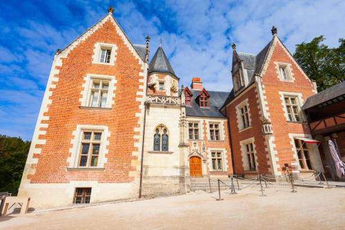 Château historique en briques avec tourelles de l'hôtel Vacances en Touraine à Souvigny-de-Touraine, France