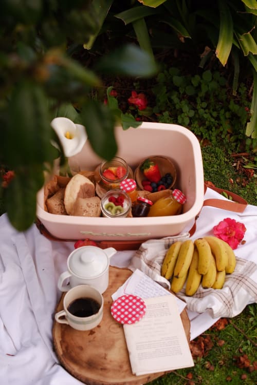 Garden picnic setup at Villa Várzea with fresh fruit, bread, coffee, and flowers in Várzea
