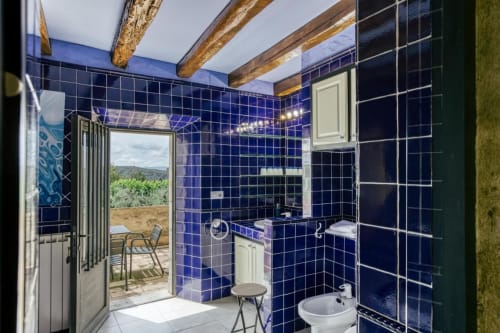 Baño de lujo en Can Gat Vell B&B en Girona con azulejos azules, vigas de madera y vistas al campo.