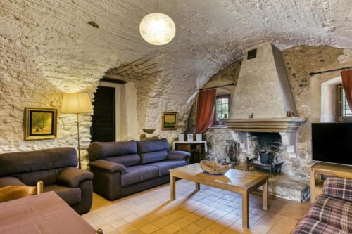 Salón con paredes de piedra en el B&B Can Gat Vell de Girona con chimenea, sofá oscuro y mesa de madera