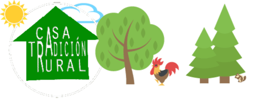 Logo de Tradición Rural con casa rural, sol, árboles, gallo y abetos que representan la hospitalidad campestre de Nieva, España