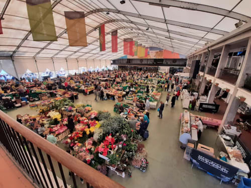 Bustling flower market in large greenhouse tent with colorful blooms and vendors, Cascais Portugal