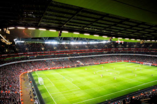 Professional football stadium with green pitch and packed crowds, near Brooklyn House in Southgate, London