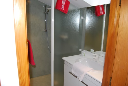 Salle de bain moderne avec lavabo blanc, miroir et douche à l'italienne aux Chambres d'hôtes le Grand Bienfaisy à Remiremont