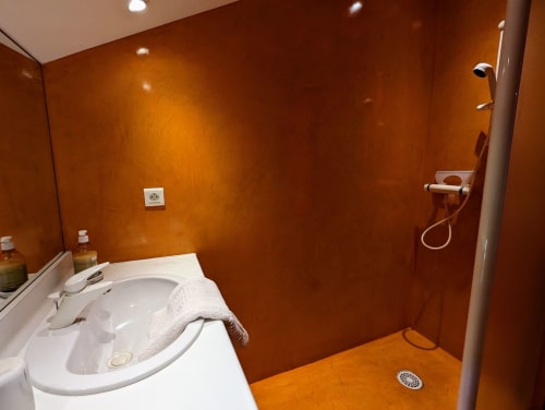 Salle de bain moderne aux murs rouille, lavabo blanc et douche à l'italienne aux Chambres d'hôtes le Grand Bienfaisy à Remiremont