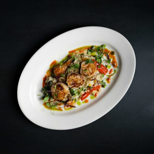 Seared scallops with vegetables and herb garnish at Brooklyn House, a London bed and breakfast in Southgate