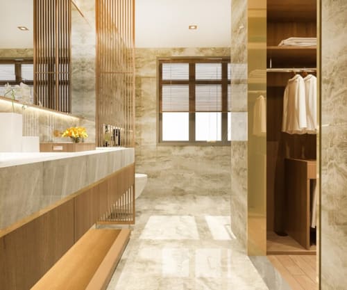 Salle de bain luxe moderne à Home Horizon SBL à Limoges avec murs en marbre, vasque en bois et dressing