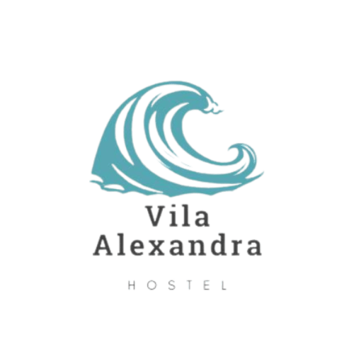 Vila Alexandra Hostel logo featuring a stylized wave in teal, Costa da Caparica Portugal