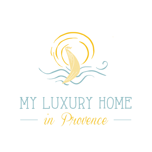 Logo My Luxury Home In Provence avec design soleil et eau en or et bleu
