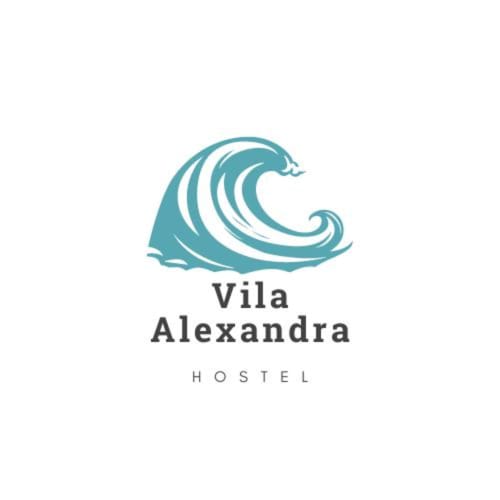 Vila Alexandra Hostel logo featuring a stylized teal wave design, Costa da Caparica Portugal