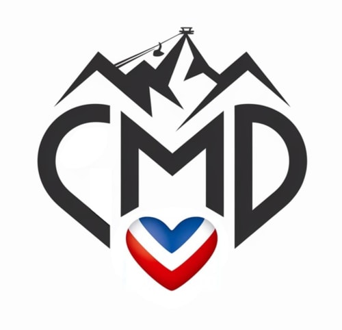 Logo CMD Méribel Le Pralin avec montagnes, lettre 'M' et cœur aux couleurs françaises aux Allues