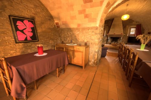Comedor rústico de piedra con mantel rojo, sillas de madera, chimenea y cuadro floral rosa moderno en Can Gat Vell