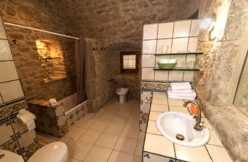 Amplio baño rústico con muros de piedra, ducha alicatada, lavabo, inodoro y estanterías en la casa rural Can Gat Vell, Girona