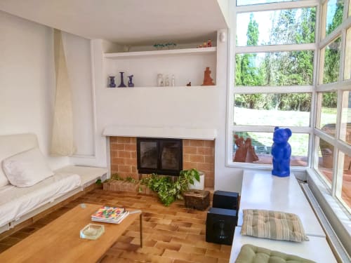 Sala de estar moderna con chimenea, estanterías empotradas y grandes ventanales con vistas a los jardines de Finques Garcia Enrich
