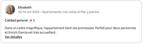 Avis 5 étoiles d'Elisabeth pour un appartement en bord de mer à Palafrugell, Espagne, octobre 2024