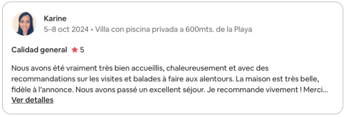 Avis 5 étoiles de Karine pour la villa Finques Garcia Enrich à Palafrugell, louant l'hospitalité et le service