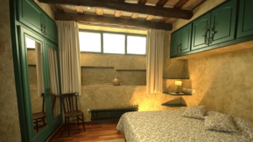 Acogedor dormitorio en Can Gat Vell B&B en Girona con muebles verdes, suelos de madera y decoración vintage