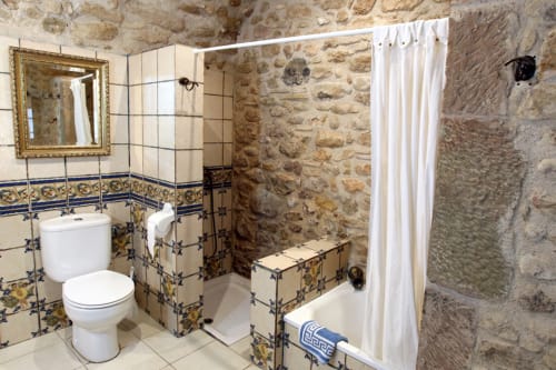 Baño rústico de piedra en Can Gat Vell B&B en Girona con paredes de azulejos decorativos y ducha.