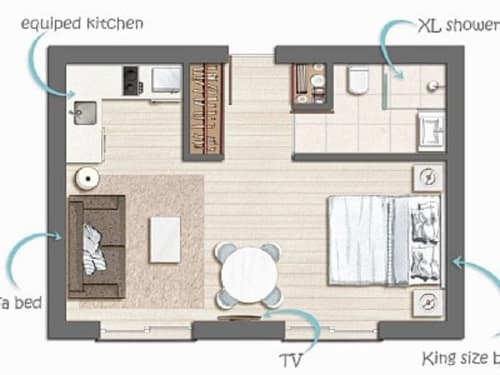Planta do estúdio Cascais Houses em Juromenha com cozinha equipada, cama king, duche XL e área de TV