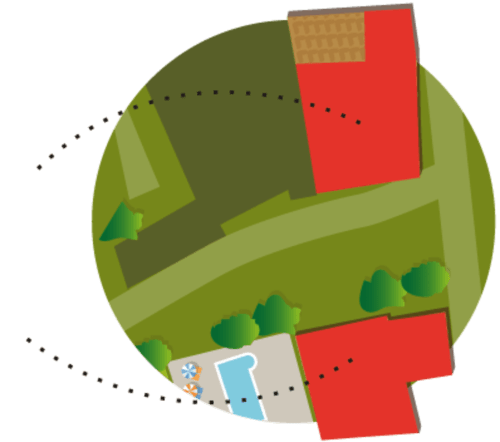 Mapa aéreo de la propiedad Can Gat Vell B&B en Girona, Empordà-Cataluña mostrando edificios, terrenos y alrededores